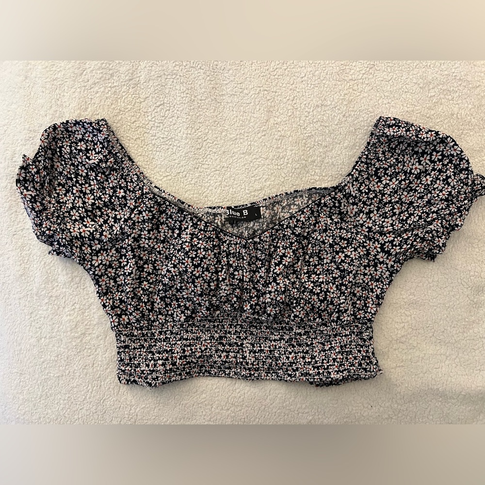 Cropped Floral Smocked Tie-Back Blouse